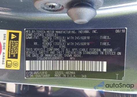 2018 Toyota Highlander Xle z USA, uszkodzony, nr VIN 5TDJZRFH1JS908922